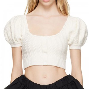 سترة صوفية 2023 الصيف الجديد منخفض طاقم الرقبة مضلعة ضلع حافة حافة الفقاعة الأكمام سترة شحمة