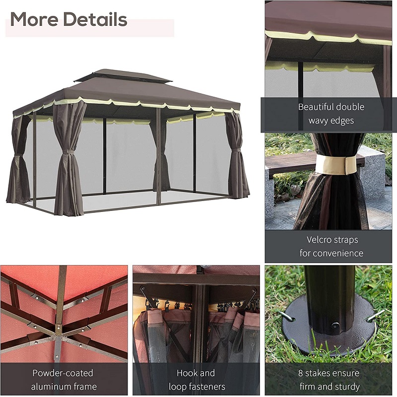 10 \\ 'x 13 \\' Patio Gazebo مزدوج السقف في الهواء الطلق الملاذ المظلة المظلة مع الستائر المعاوضة&، القهوة