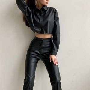 دراجة نارية الخريف والشتاء مثيرة ماتي بو الجلود الصغيرة المرنة قميص قصير الأكمام طويلة