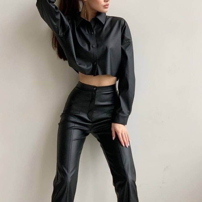 دراجة نارية الخريف والشتاء مثيرة ماتي بو الجلود الصغيرة المرنة قميص قصير الأكمام طويلة