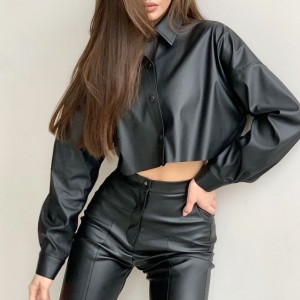 دراجة نارية الخريف والشتاء مثيرة ماتي بو الجلود الصغيرة المرنة قميص قصير الأكمام طويلة