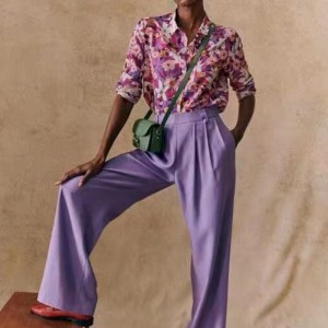 نيو فرنسي الأنيق النمط المطبوع يتدفق من الحرير والقطن مزج قميص رفيع طويل الأكمام