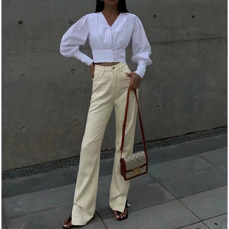 قميص أبيض ذي أعداد طويل الأكمام مصممة الإناث الإحساس بخصم فانوس رفيع جديد.