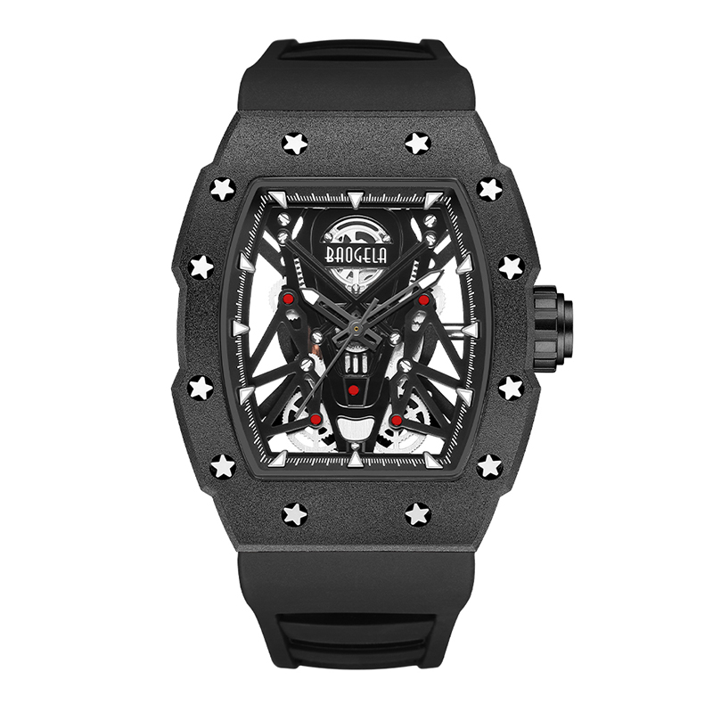 Baogela Silver Black Sport Quartz Watch for Men Tonneau Dial Wathproof Wistwatch مع حزام السيليكون مضيئة 4145