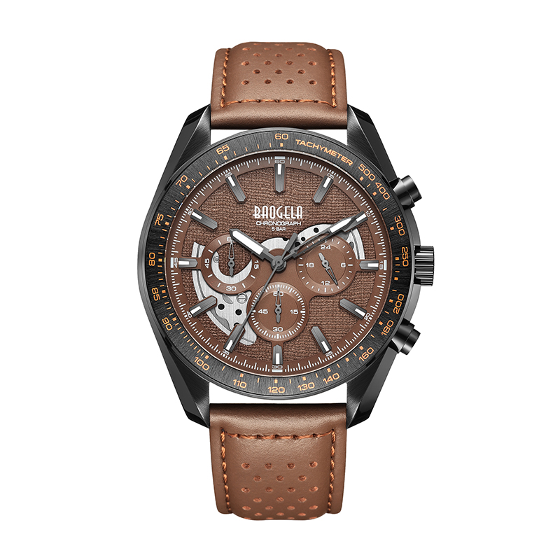 Baogela New Luxury Men Sport Quartz ذكر كرونوغراف التقويم اليابان حركة 50BAR TOP العلامة التجارية على مدار الساعة حقيقية معصم الجلود 22804