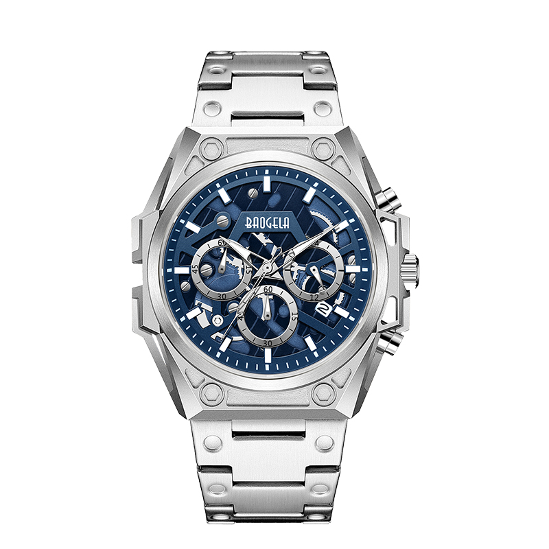 باوجيلا الفولاذ المقاوم للصدأ الفولاذ المقاوم للصدأ الرجال الفاخرة العلامة التجارية الرياضية الجلود حزام wristwatch كرونوغراف كرونوغراف Quartz Watch 22605