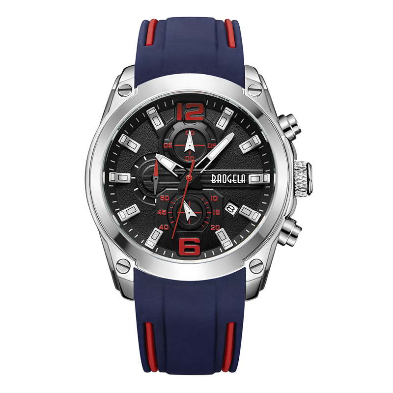 Baogela Chronograph Watch Quartz Watch مع تاريخ مضيئة الأيدي المقاومة للماء السيليكون حزام معصم معصم الرجل الأزرق 22609