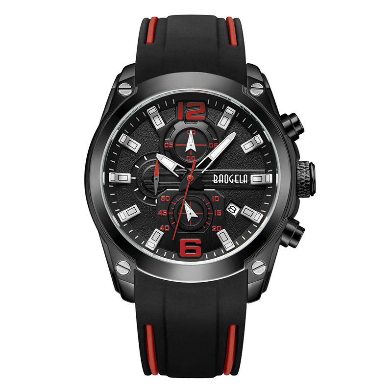 Baogela Chronograph Watch Quartz Watch مع تاريخ مضيئة الأيدي المقاومة للماء السيليكون حزام معصم معصم الرجل الأزرق 22609