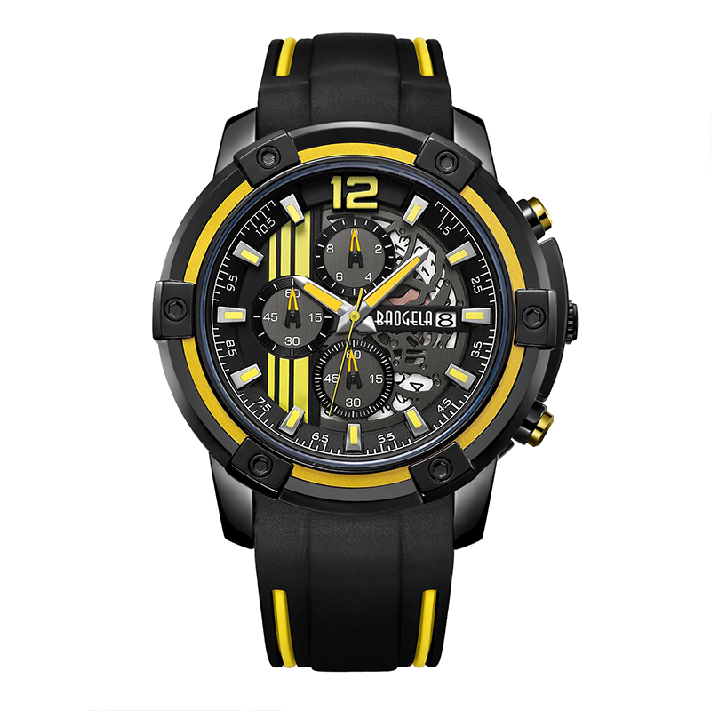 Baogel Men \\'s Black Silicone Strap Quartz يشاهد Wristwatch Chronograph Sports for Man 3ATM مضيئة الأيدي الأصفر 22701