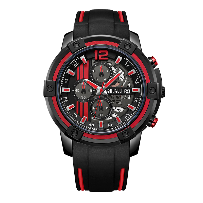 Baogel Men \\'s Black Silicone Strap Quartz يشاهد Wristwatch Chronograph Sports for Man 3ATM مضيئة الأيدي الأصفر 22701