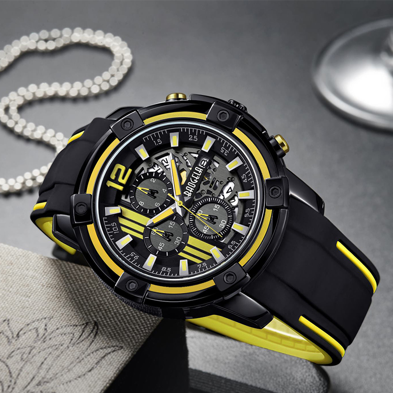 Baogel Men \\'s Black Silicone Strap Quartz يشاهد Wristwatch Chronograph Sports for Man 3ATM مضيئة الأيدي الأصفر 22701