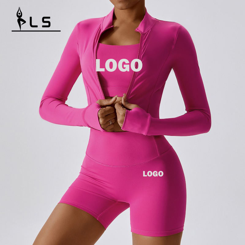 SC9273 Zipper Long Sleeve Seamless Yoga مجموعات مرنة 3 قطع شورتات صدرية مجموعة صالة رياضية 3 قطعة يوجا ارتداء للنساء