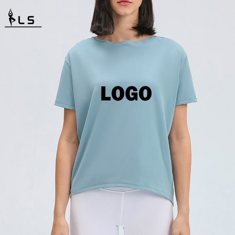 SC10266 مخصص شعار اليوغا قميص قطع تجريب pullover yoga قميص الأكمام قصيرة الرياضة اليوغا تمرين فضفاض سريع جاف تي قميص النساء