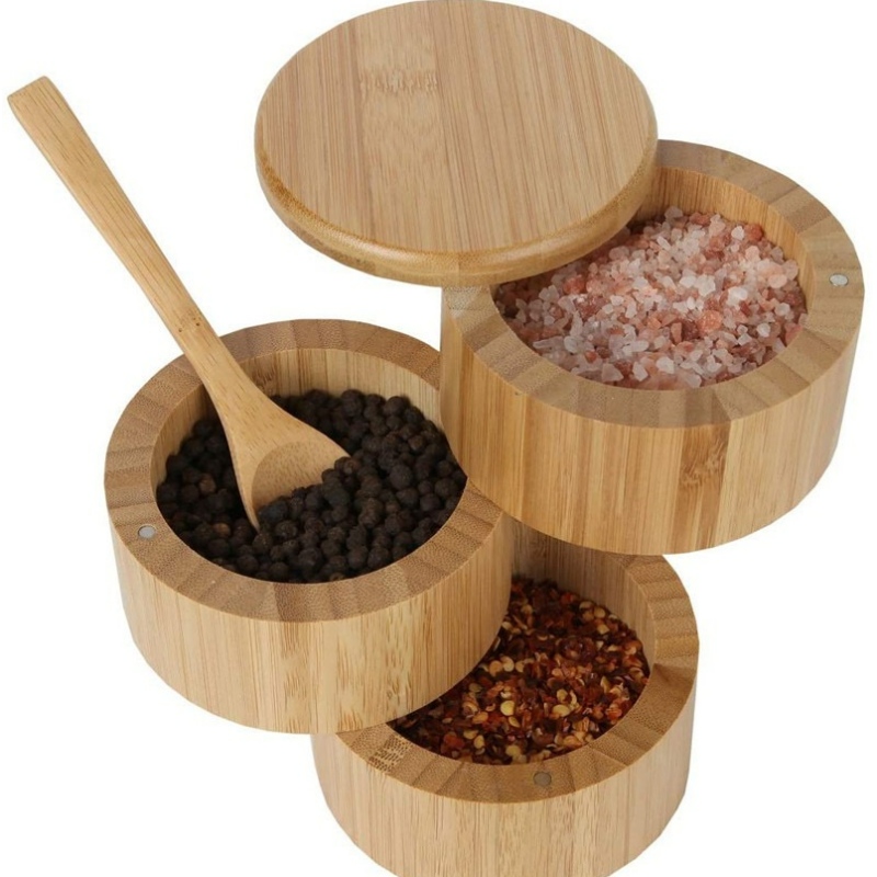 3 Tiers Bamboo Salt Box ، صندوق توابل الخيزران مع مغناطيسي