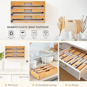 3 في 1 موزع التفاف مع قاطع ، غلاف بلاستيكي ، رقائق الألومنيوم وموزع ورق الشمع لأدراج المطبخ ، حامل منظم لفة الخيزران ، متوافق مع 12 \\\\...