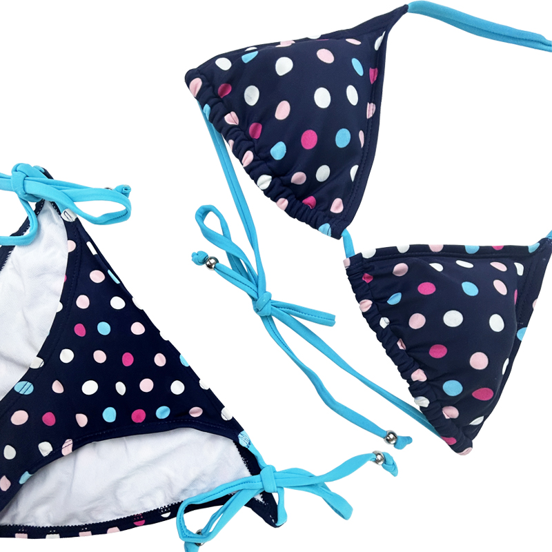 Navy Blue Multicolor Polka Dot Halter Slute Swimsuit من قطعتين